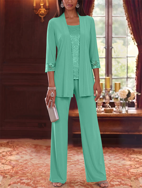 3 Pieces Scoop Chiffon Mother of the Bride Pantsuits with Jacket Lace 3/4 Sleeves Floor-Length