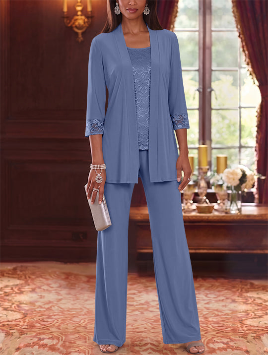 3 Pieces Scoop Chiffon Mother of the Bride Pantsuits with Jacket Lace 3/4 Sleeves Floor-Length
