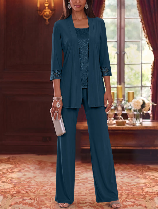 3 Pieces Scoop Chiffon Mother of the Bride Pantsuits with Jacket Lace 3/4 Sleeves Floor-Length
