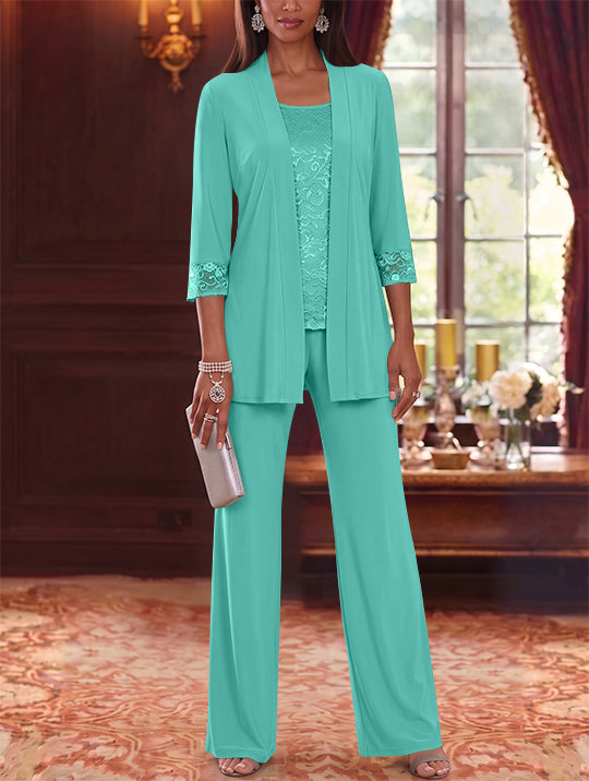 3 Pieces Scoop Chiffon Mother of the Bride Pantsuits with Jacket Lace 3/4 Sleeves Floor-Length