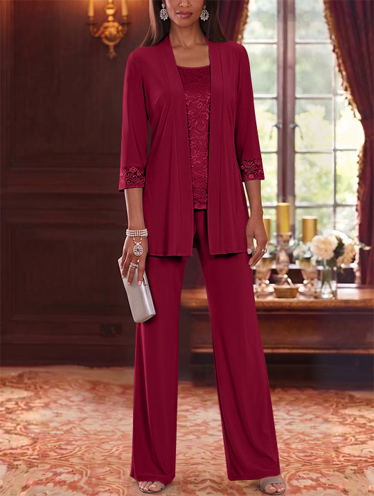 3 Pieces Scoop Chiffon Mother of the Bride Pantsuits with Jacket Lace 3/4 Sleeves Floor-Length
