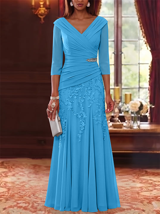 A-Line/Princess V-Neck Chiffon Mother of the Bride Dresses Lace 3/4 Sleeves Floor-Length Ruched