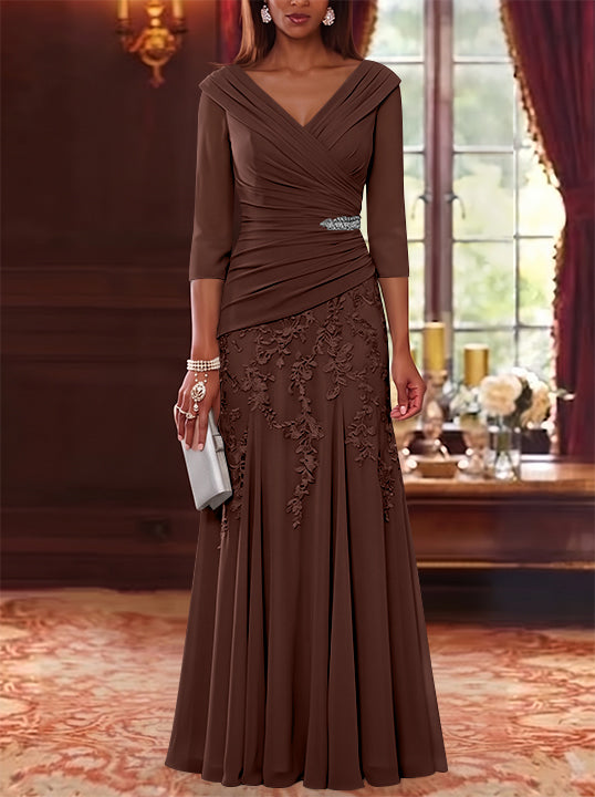 A-Line/Princess V-Neck Chiffon Mother of the Bride Dresses Lace 3/4 Sleeves Floor-Length Ruched