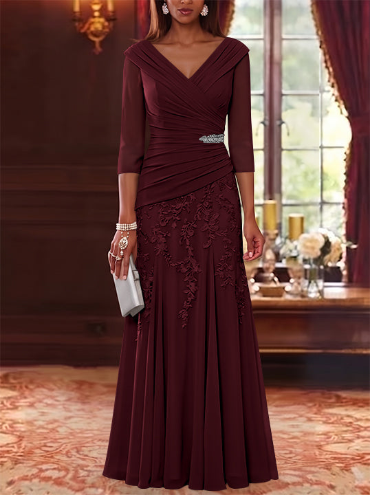 A-Line/Princess V-Neck Chiffon Mother of the Bride Dresses Lace 3/4 Sleeves Floor-Length Ruched