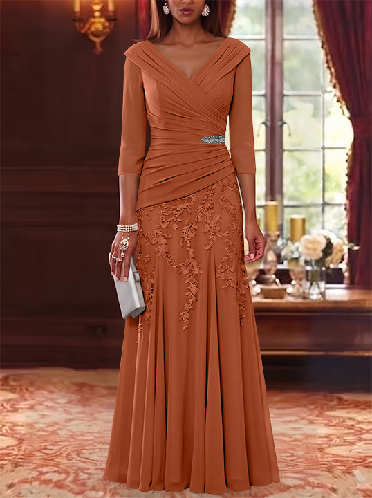 A-Line/Princess V-Neck Chiffon Mother of the Bride Dresses Lace 3/4 Sleeves Floor-Length Ruched