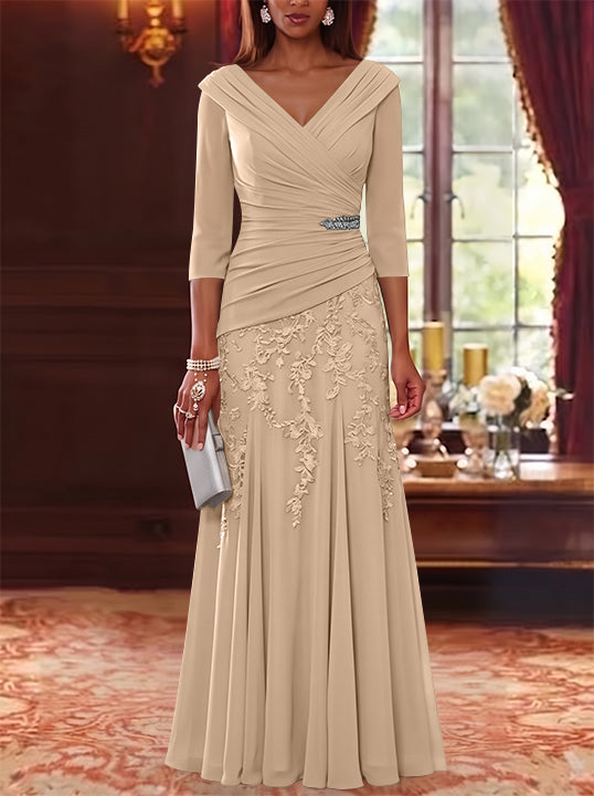 A-Line/Princess V-Neck Chiffon Mother of the Bride Dresses Lace 3/4 Sleeves Floor-Length Ruched