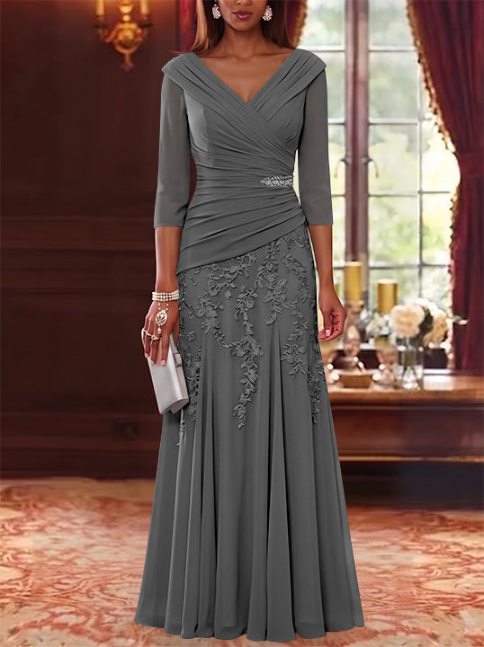 A-Line/Princess V-Neck Chiffon Mother of the Bride Dresses Lace 3/4 Sleeves Floor-Length Ruched