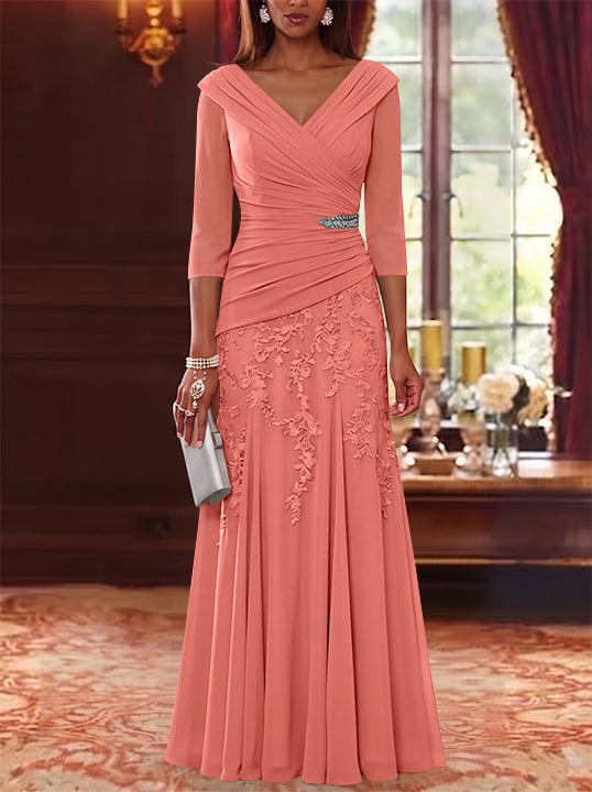 A-Line/Princess V-Neck Chiffon Mother of the Bride Dresses Lace 3/4 Sleeves Floor-Length Ruched