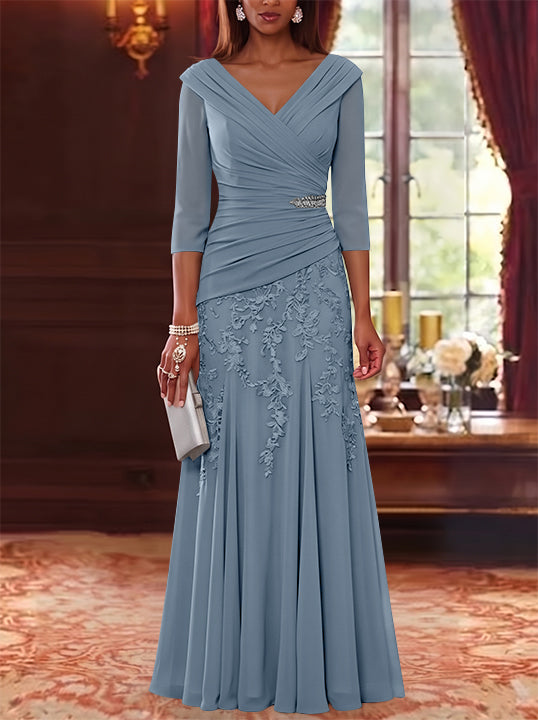 A-Line/Princess V-Neck Chiffon Mother of the Bride Dresses Lace 3/4 Sleeves Floor-Length Ruched