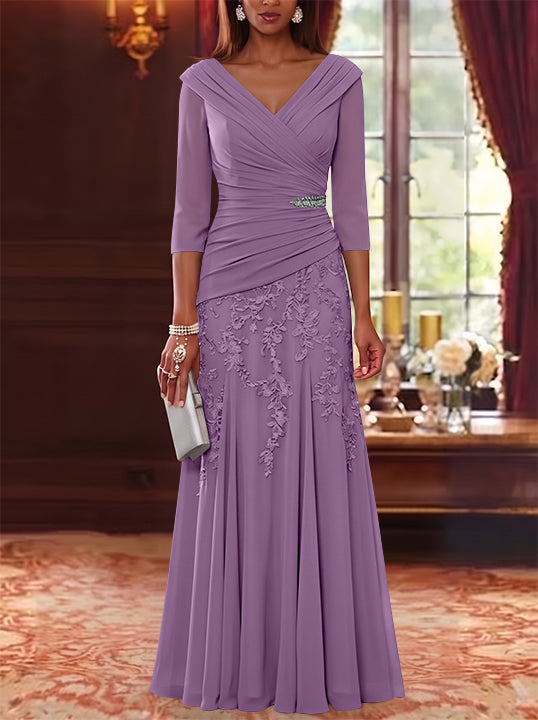 A-Line/Princess V-Neck Chiffon Mother of the Bride Dresses Lace 3/4 Sleeves Floor-Length Ruched