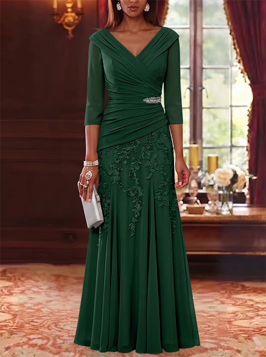 A-Line/Princess V-Neck Chiffon Mother of the Bride Dresses Lace 3/4 Sleeves Floor-Length Ruched