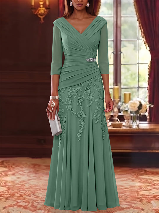 A-Line/Princess V-Neck Chiffon Mother of the Bride Dresses Lace 3/4 Sleeves Floor-Length Ruched