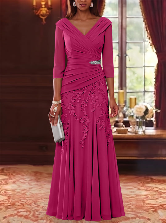 A-Line/Princess V-Neck Chiffon Mother of the Bride Dresses Lace 3/4 Sleeves Floor-Length Ruched
