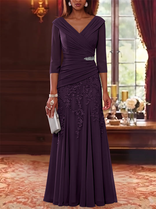 A-Line/Princess V-Neck Chiffon Mother of the Bride Dresses Lace 3/4 Sleeves Floor-Length Ruched