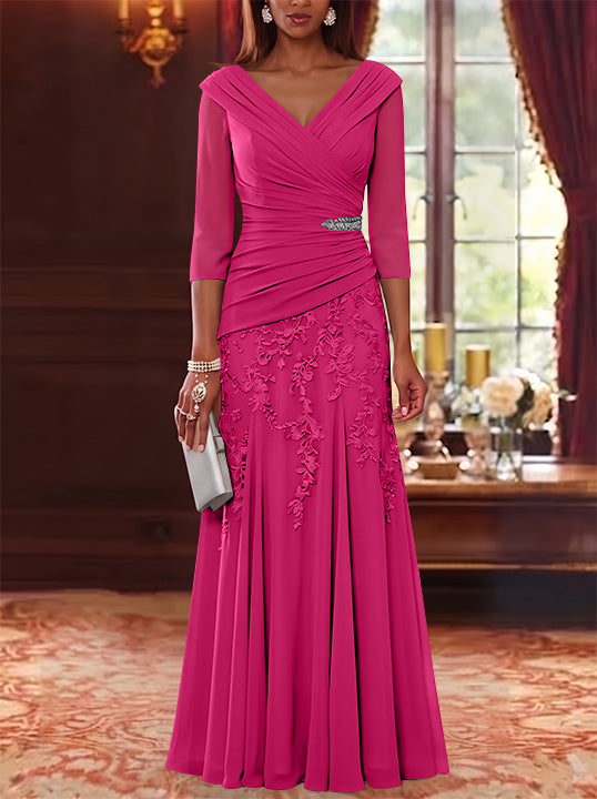 A-Line/Princess V-Neck Chiffon Mother of the Bride Dresses Lace 3/4 Sleeves Floor-Length Ruched