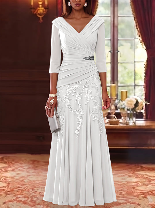A-Line/Princess V-Neck Chiffon Mother of the Bride Dresses Lace 3/4 Sleeves Floor-Length Ruched