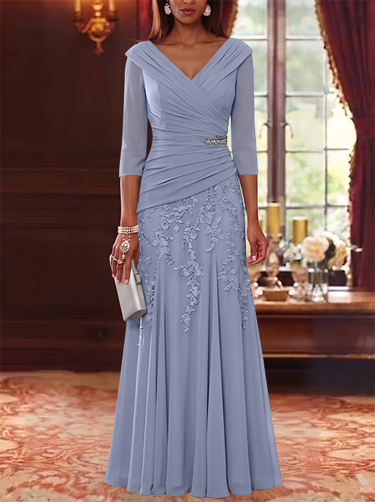 A-Line/Princess V-Neck Chiffon Mother of the Bride Dresses Lace 3/4 Sleeves Floor-Length Ruched