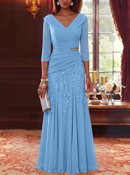 A-Line/Princess V-Neck Chiffon Mother of the Bride Dresses Lace 3/4 Sleeves Floor-Length Ruched
