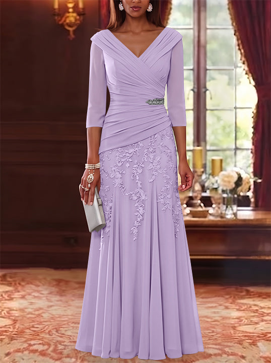A-Line/Princess V-Neck Chiffon Mother of the Bride Dresses Lace 3/4 Sleeves Floor-Length Ruched