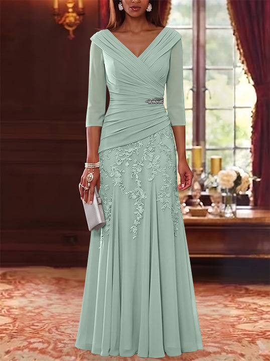 A-Line/Princess V-Neck Chiffon Mother of the Bride Dresses Lace 3/4 Sleeves Floor-Length Ruched