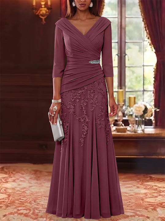 A-Line/Princess V-Neck Chiffon Mother of the Bride Dresses Lace 3/4 Sleeves Floor-Length Ruched