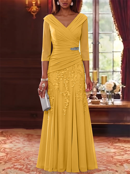 A-Line/Princess V-Neck Chiffon Mother of the Bride Dresses Lace 3/4 Sleeves Floor-Length Ruched