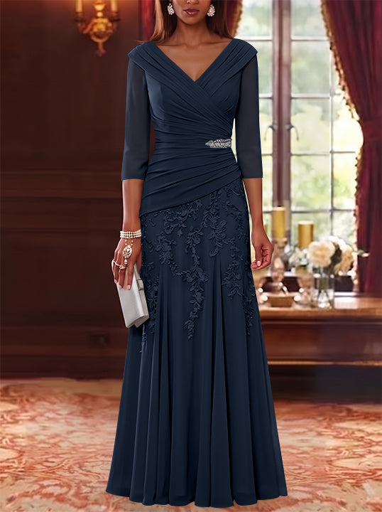 A-Line/Princess V-Neck Chiffon Mother of the Bride Dresses Lace 3/4 Sleeves Floor-Length Ruched