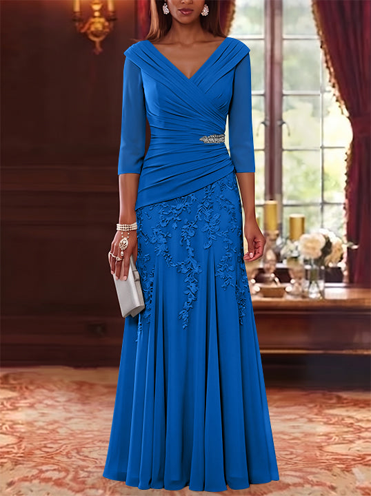 A-Line/Princess V-Neck Chiffon Mother of the Bride Dresses Lace 3/4 Sleeves Floor-Length Ruched