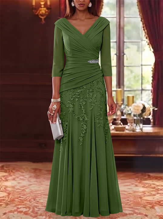 A-Line/Princess V-Neck Chiffon Mother of the Bride Dresses Lace 3/4 Sleeves Floor-Length Ruched