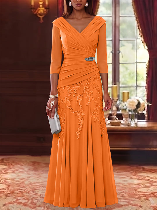 A-Line/Princess V-Neck Chiffon Mother of the Bride Dresses Lace 3/4 Sleeves Floor-Length Ruched