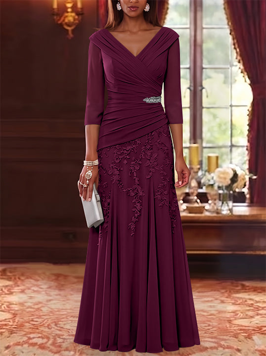 A-Line/Princess V-Neck Chiffon Mother of the Bride Dresses Lace 3/4 Sleeves Floor-Length Ruched