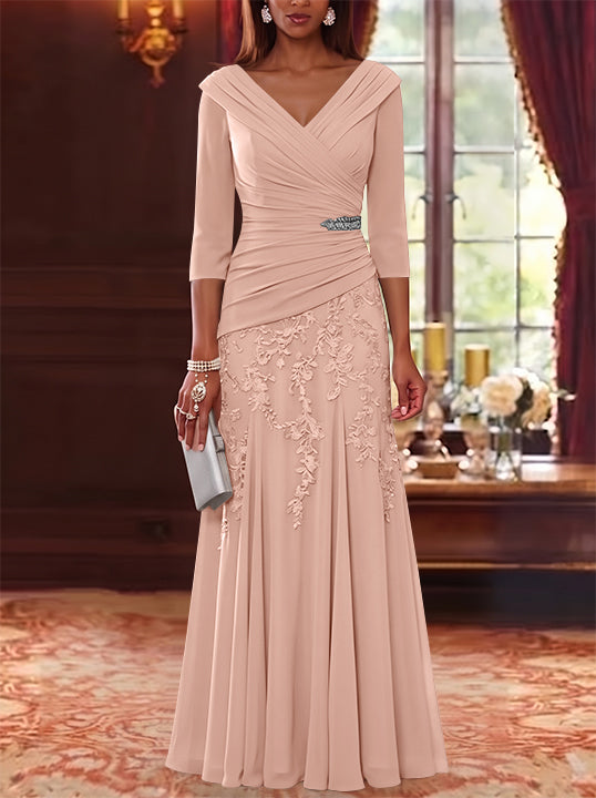 A-Line/Princess V-Neck Chiffon Mother of the Bride Dresses Lace 3/4 Sleeves Floor-Length Ruched