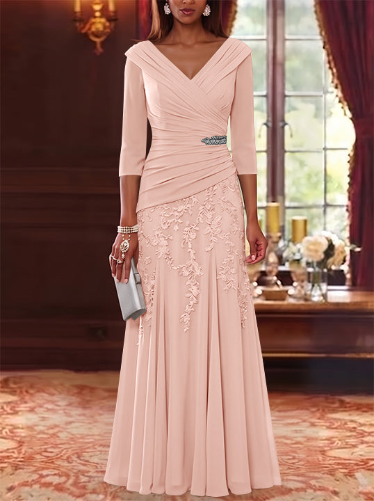 A-Line/Princess V-Neck Chiffon Mother of the Bride Dresses Lace 3/4 Sleeves Floor-Length Ruched