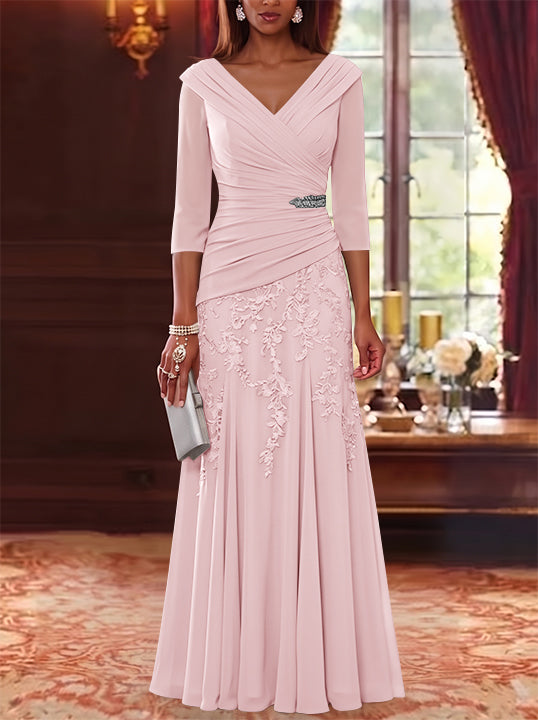 A-Line/Princess V-Neck Chiffon Mother of the Bride Dresses Lace 3/4 Sleeves Floor-Length Ruched