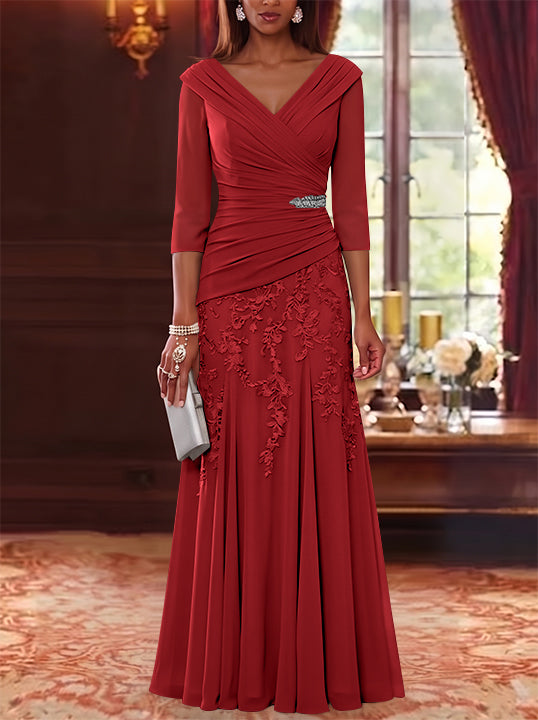A-Line/Princess V-Neck Chiffon Mother of the Bride Dresses Lace 3/4 Sleeves Floor-Length Ruched