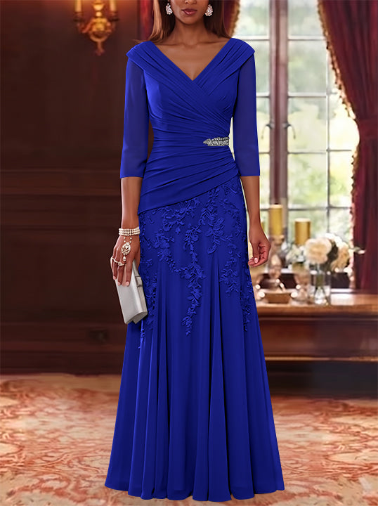 A-Line/Princess V-Neck Chiffon Mother of the Bride Dresses Lace 3/4 Sleeves Floor-Length Ruched