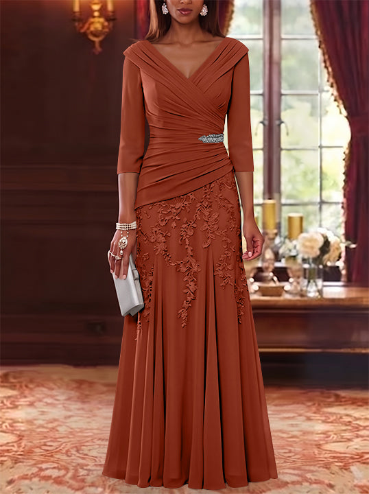 A-Line/Princess V-Neck Chiffon Mother of the Bride Dresses Lace 3/4 Sleeves Floor-Length Ruched