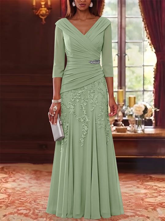 A-Line/Princess V-Neck Chiffon Mother of the Bride Dresses Lace 3/4 Sleeves Floor-Length Ruched