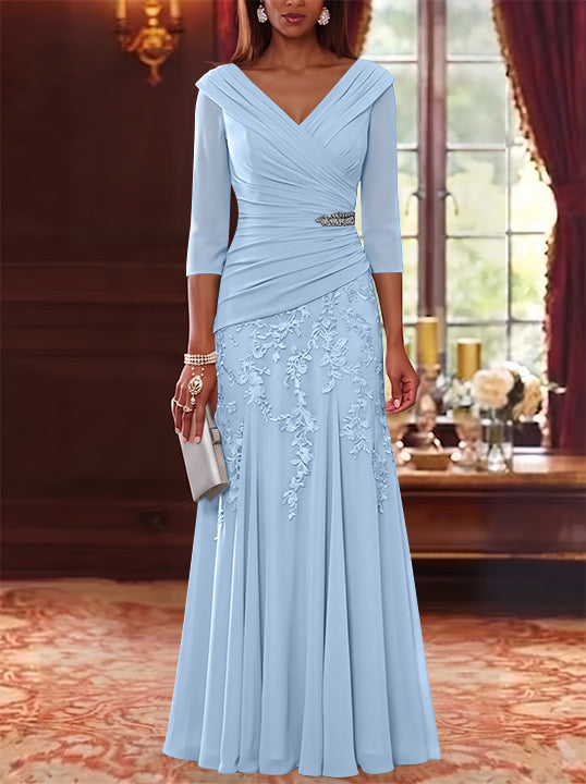 A-Line/Princess V-Neck Chiffon Mother of the Bride Dresses Lace 3/4 Sleeves Floor-Length Ruched