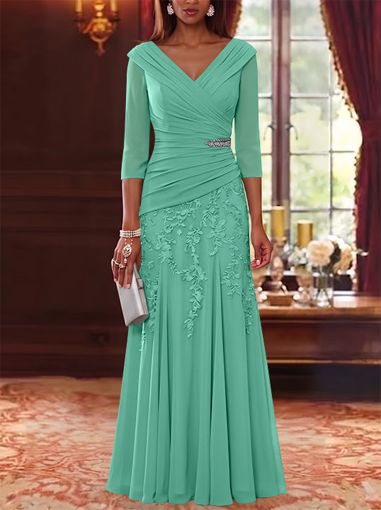 A-Line/Princess V-Neck Chiffon Mother of the Bride Dresses Lace 3/4 Sleeves Floor-Length Ruched