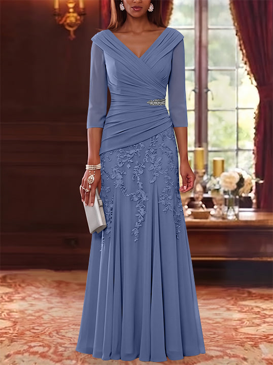 A-Line/Princess V-Neck Chiffon Mother of the Bride Dresses Lace 3/4 Sleeves Floor-Length Ruched