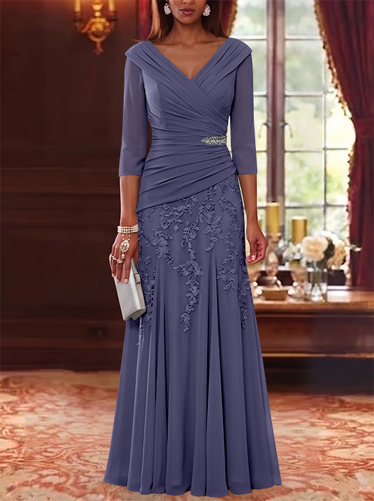A-Line/Princess V-Neck Chiffon Mother of the Bride Dresses Lace 3/4 Sleeves Floor-Length Ruched