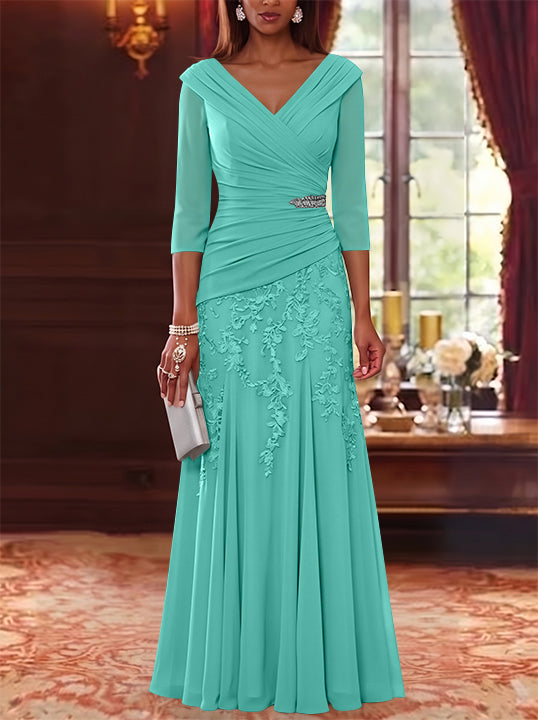 A-Line/Princess V-Neck Chiffon Mother of the Bride Dresses Lace 3/4 Sleeves Floor-Length Ruched