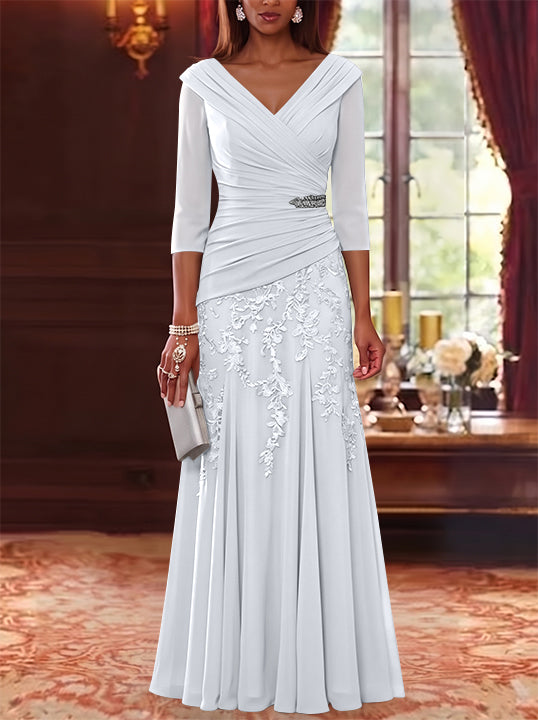 A-Line/Princess V-Neck Chiffon Mother of the Bride Dresses Lace 3/4 Sleeves Floor-Length Ruched