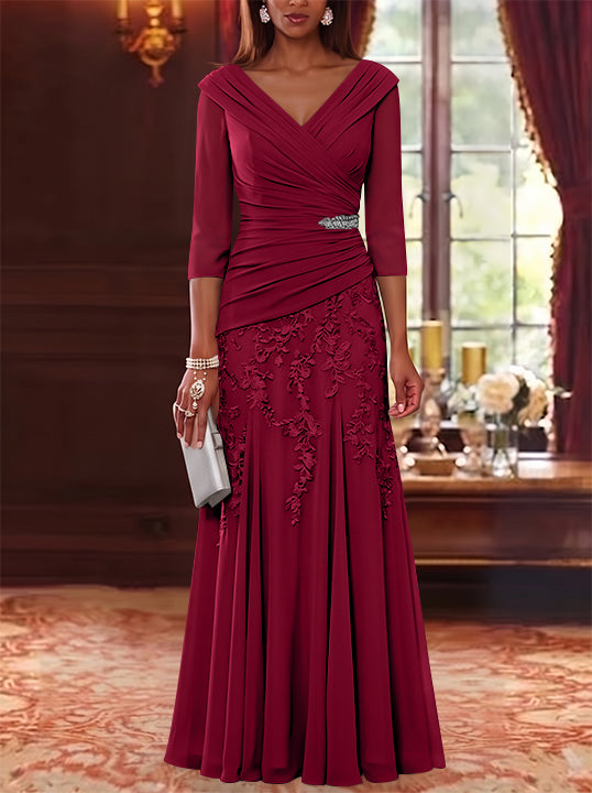 A-Line/Princess V-Neck Chiffon Mother of the Bride Dresses Lace 3/4 Sleeves Floor-Length Ruched
