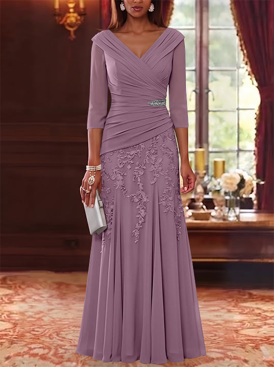 A-Line/Princess V-Neck Chiffon Mother of the Bride Dresses Lace 3/4 Sleeves Floor-Length Ruched