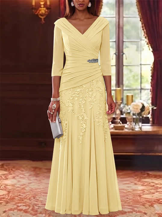 A-Line/Princess V-Neck Chiffon Mother of the Bride Dresses Lace 3/4 Sleeves Floor-Length Ruched