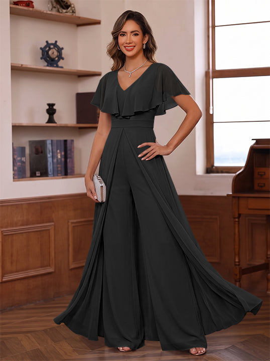 Jumpsuit V-Neck Chiffon Mother of the Bride Pantsuits with Overskirt Ruffles Floor-Length Short Sleeves
