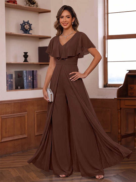 Jumpsuit V-Neck Chiffon Mother of the Bride Pantsuits with Overskirt Ruffles Floor-Length Short Sleeves