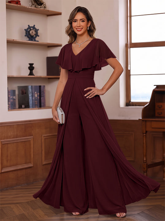 Jumpsuit V-Neck Chiffon Mother of the Bride Pantsuits with Overskirt Ruffles Floor-Length Short Sleeves